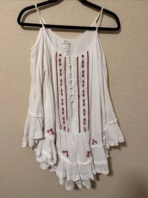 Free People White Cotton Asymmetrical Dress with Red Embroidery thumbnail 2
