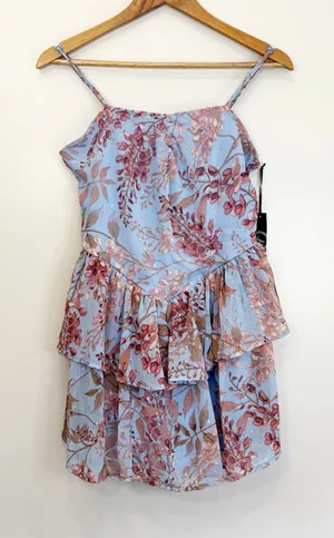 Liberty Love Blue Floral Tiered Ruffle Mini Dress Whimsical Boho Chic Size L thumbnail 1