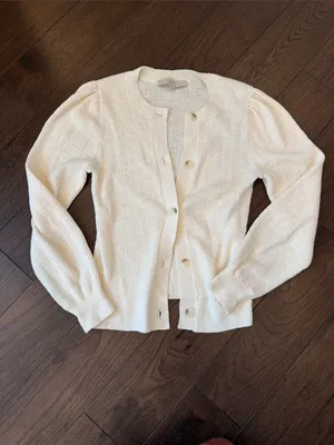 LOFT Cream Button-Front Puff-Sleeve Ribbed Sweater Cardigan Size Small - C54-144 thumbnail 6