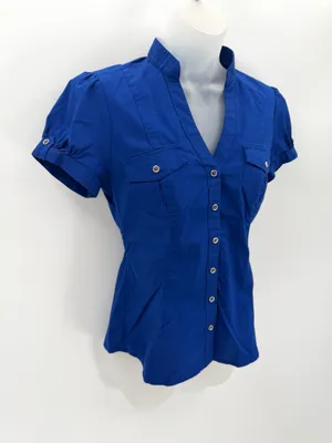 Express Blouse Women’s XS Cobalt Blue Essential Stretch Button Up Preppy Top thumbnail 3