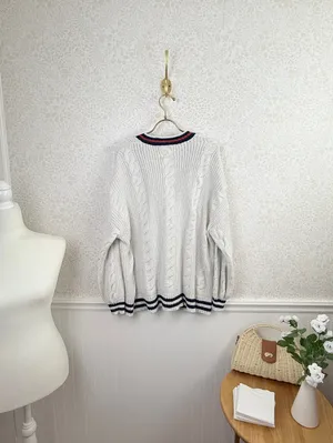 American Eagle Creamy Gray Varsity Cable Knit Button Cardigan - Size - Large thumbnail 5