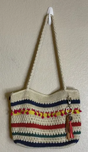 The Sak Womens Medium Shoulder Bag‎ Multi Color Striped Crochet Pom Pom Tassels thumbnail 1