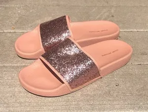 Stuart Weitzman Pink Glitter Slide Sandals Womens 9 Rose Gold Sparkle Flat Shoes thumbnail 1