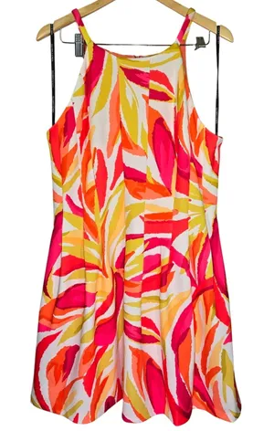 Vince Camuto Womens Pink Orange Abstract‎ Leaf Print Halter Dress Size 16 thumbnail 1