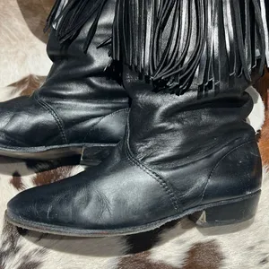 Vintage Black Real Leather Fringe Cowboy Boots Festival Rave Burning‎ Man A21 thumbnail 2