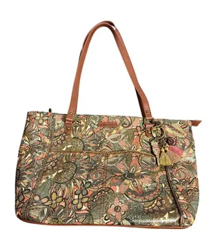 Sakroots Metro Tote Bag Sienna Desert Spirit Owl Charm Brown Faux Leather Flower thumbnail 1