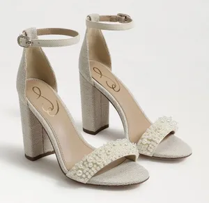 NEW Sam Edelman Sz‎ 8Yaro Perla Open Toe Silk Tweed 4” Dazzling Heels Tan thumbnail 1