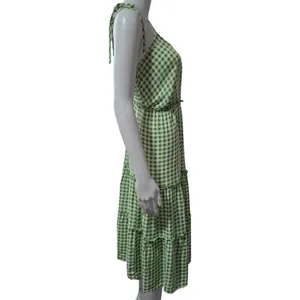 AS U Wish Gingham Smocked Tiered Midi Dress Green White Tie Shoulder Size L thumbnail 4