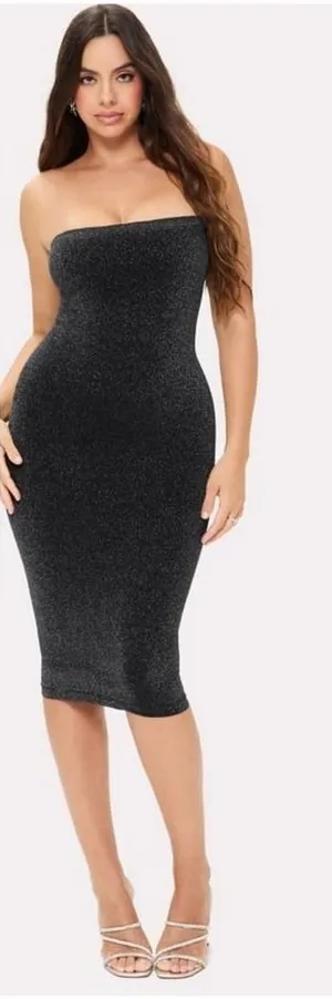 Fabletics Yitty Convertible Sculpting Luxe Glitter Shapewear‎ Midi Dress M Black Silver thumbnail 1
