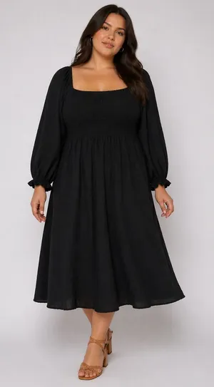 New‎ Look Curves Midi Dress Womens 14 Black Smocked Linen Blend Cottagecore Boho thumbnail 1