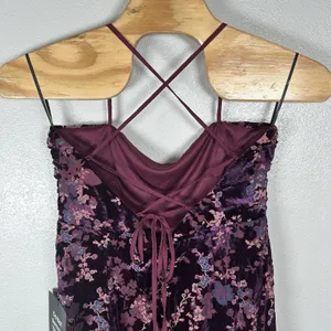 NEW Lulus Floral Burnout Velvet Midi Dress Womens XXL Purple Plum Tie Back Slit thumbnail 5