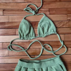 Fuzzy Bikini Shorts Set Chartreuse Sage Green Small Women's Night Wear Summer thumbnail 2