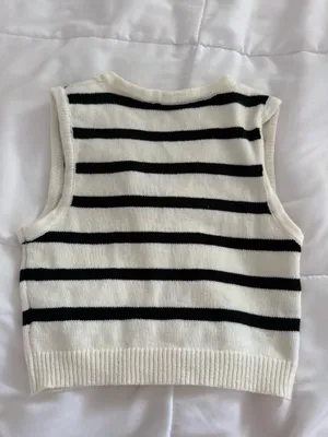 Shein Black And White Striped Button Sweater thumbnail 2