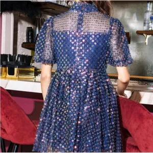 Queen Of Sparkles Navy Sequin Flower Mini Dress Mock Neck‎ Puff Sleeve XS NWT thumbnail 2