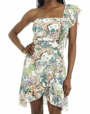 Love‎ The Label Anthropologie 1-Shoulder Floral Mini Dress Medium Smocked Ruffle thumbnail 1