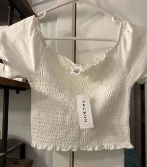 Me to We White Smocked Off-Shoulder Crop Top thumbnail 1