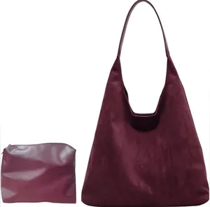 New Faux Suede Slouchy Hobo Bag & Pouch Multiple: Colors: burgundy Faux Suede Bag Faux Leather Pouch Size Measures 14.17x12.2x5.12 Inches No refunds or cancellations thumbnail 9