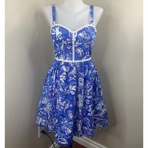 Lilly Pulitzer Haylan Cotton Dress Blue Tang Flocking Fabulous Fit Flare Sz 0 thumbnail 2