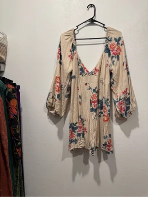 Free People Francesca Mini Dress L Cream Floral Balloon Sleeve Boho thumbnail 2