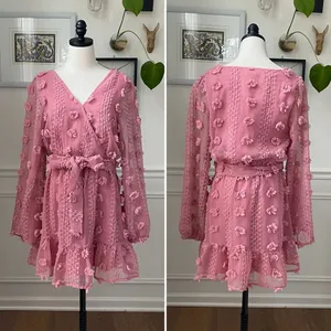 A.Calin Flying Tomato Pink Long Sleeve Pom Pom Mini Dress L thumbnail 2