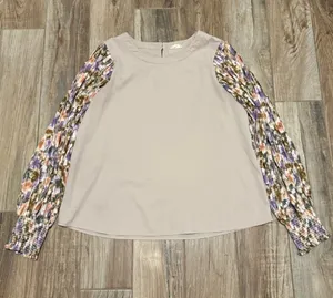 Entro Beige Top with Multicolor Floral Balloon Sleeves thumbnail 1