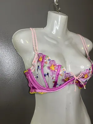 For Love & Lemons Bra Womens Medium Pink Lace Floral Balconette Underwire Sheer thumbnail 2