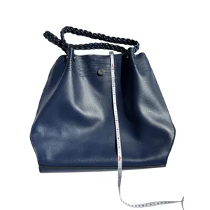 Navy Blue Triple Compartment‎ Tote Bag Classic Elegant Braided Handles Gold Logo thumbnail 10