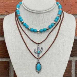Saguaro Cactus & Turquoise Pendant Necklace Set with Faux Leather thumbnail 1