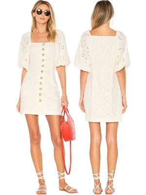 Free People Daniella Eyelet Mini Dress Women's 2 Ivory Puff Sleeve Boho Cotton thumbnail 2