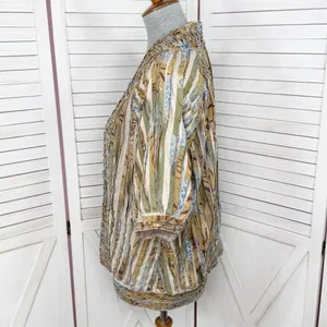 Chicos Shirred Cut Away Art To Wear Short Sleeve V Neck Jacket Tan Multi‎ Large thumbnail 2