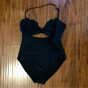 Women’s Black One-Piece Swimsuit Size Large Cutout, Scalloped Trim around Bust thumbnail 4