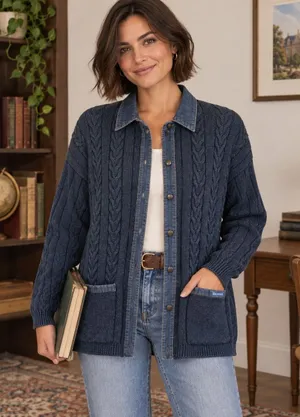 Blue Willis vintage blue denim heavy cable knit Shacket Medium cardigan academia thumbnail 1