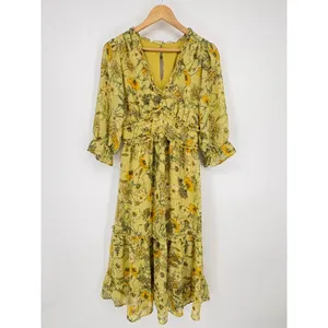 Floral Romantic Prairie Midi Maxi Dress Yellow Green Botanical Ruffle Size Large thumbnail 2
