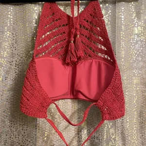 Crocheted burnt‎ rust orange high neck halter boho bikini swim top, size M/L thumbnail 5