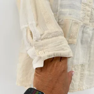 Anthropologie Maeve The Zoe Patchwork Swing Blouse S Cream Linen Cotton Henley thumbnail 4