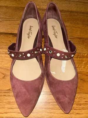 Lord & Taylor Designer Merlot Suede Pointed Mary Jane Flats with Studded Straps thumbnail 1