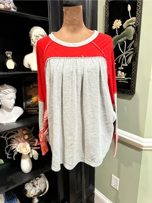 Free People We The Free “Friday Fever” Thermal Top in Red + Grey with Patterned thumbnail 8