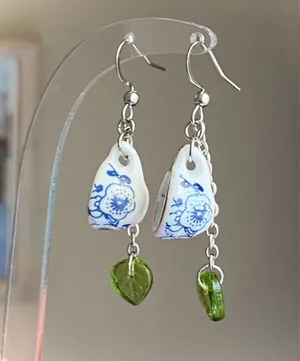 Handmade porcelain tea cup & Czech glass leaf unique fun fairy antique style dangle earrings🫖🍃🌀 thumbnail 2