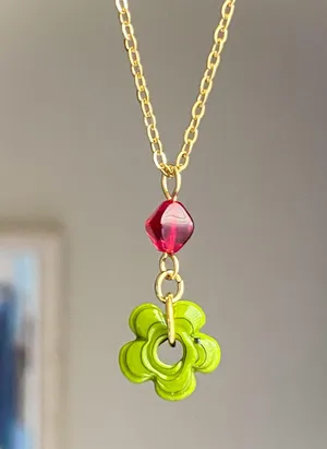 Handmade artisan chunky mini flower glass beads & red Czech glass beads cute fairy cottage chic necklace 💐🩵 thumbnail 1