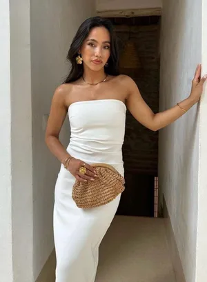 Zara dress bodycon strapless sleeveless tailored midi white wedding party thumbnail 2
