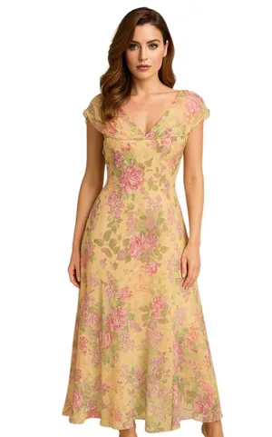 Vintage Miss Dorby 90s Buttercream Chiffon Floral Maxi Dress – Size 16 thumbnail 1