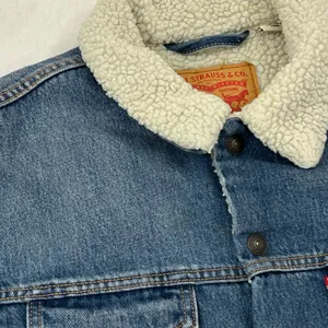 Levi’s Premium Blue Denim Sherpa Snap Button Long Trucker Jean Jacket Unisex S thumbnail 11