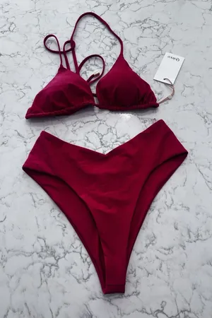 New Quince Cherry Red Italian Triangle Bikini Top & V Cut High Leg Bottom Medium thumbnail 1