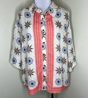 By Anthropologie Linen Blend Top MEDIUM Oversized Bohemian Button Printed Hippie thumbnail 2