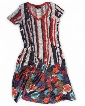 Casual V-Neck Floral Stripe Dress - Multicolor thumbnail 1
