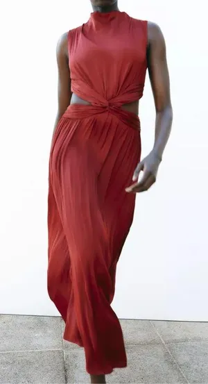 Zara maxi dress Burgundy Sleeveless cut out satin effect evening wedding summer thumbnail 10