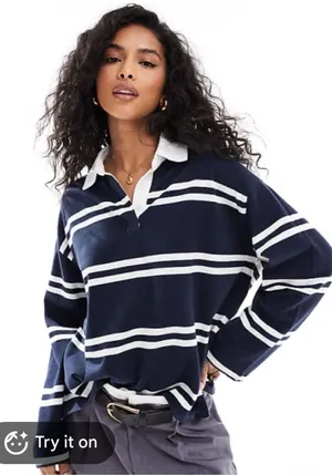 Abercrombie & Fitch contrast stripe rugby top in navy multi - Medium thumbnail 1