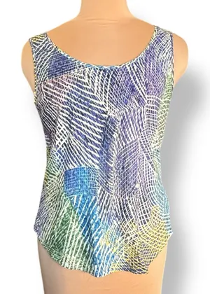 Jams World Hibiki Tank Top Large Blue Green Yellow Abstract Print Rayon‎ Hawaii thumbnail 1