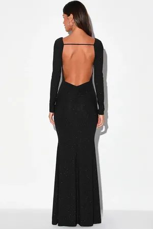 Glamorous in Glitter Black Long Sleeve Backless Maxi Dress Lulus thumbnail 3