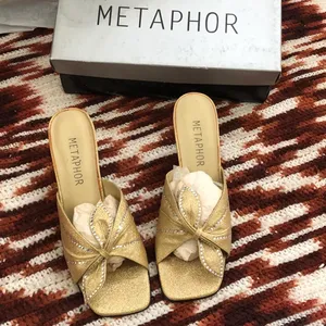 Vintage Metaphor Gold Glitter Glam Rhinestone Party Glamour Evening Kitten Heels Pumps Mules Genuine Leather Square Toe Size 9M thumbnail 1